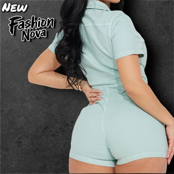 New NWT Fashion nova Ana Denim Overall Romper - Sage Green - small - Picture 2 of 10